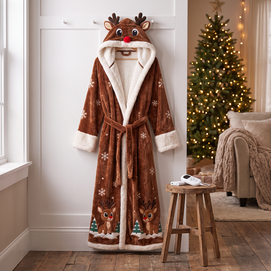 RobeDolph heated reindeer robe hanging by the Christmas tree with controller and power bank