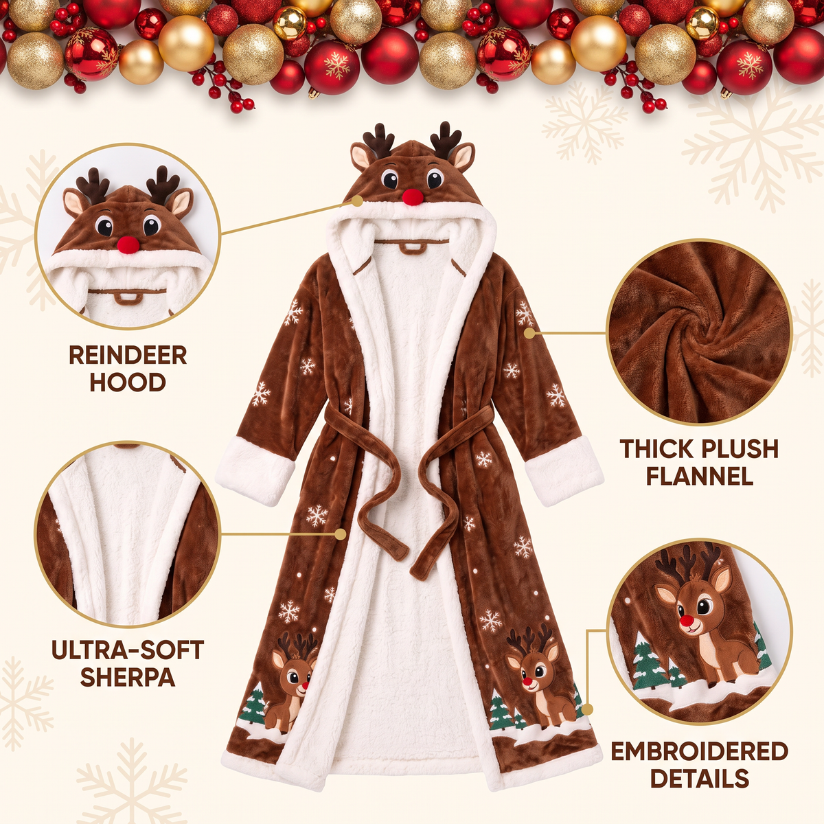 RobeDolph features: reindeer hood, sherpa lining, plush flannel, embroidered details