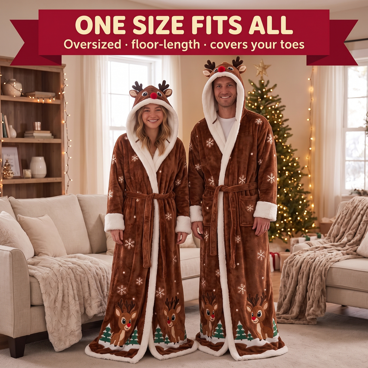 One size fits all: floor-length RobeDolph on a woman and a man